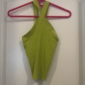 Lime green sweater cross cross neck crop top